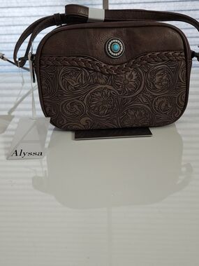 Alyssa Brown Tooled Leather Crossbody Bag with Turquoise Accent